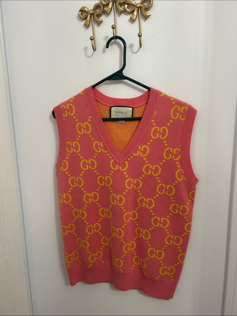 Gucci Pink and Yellow GG Knit V-Neck Sweater Vest